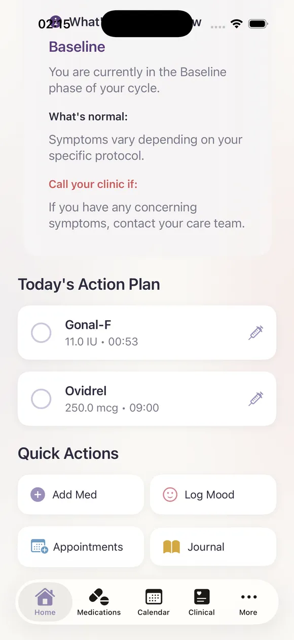 Marigold's daily action plan listing Gonal-F and Ovidrel doses with times and check-off circles