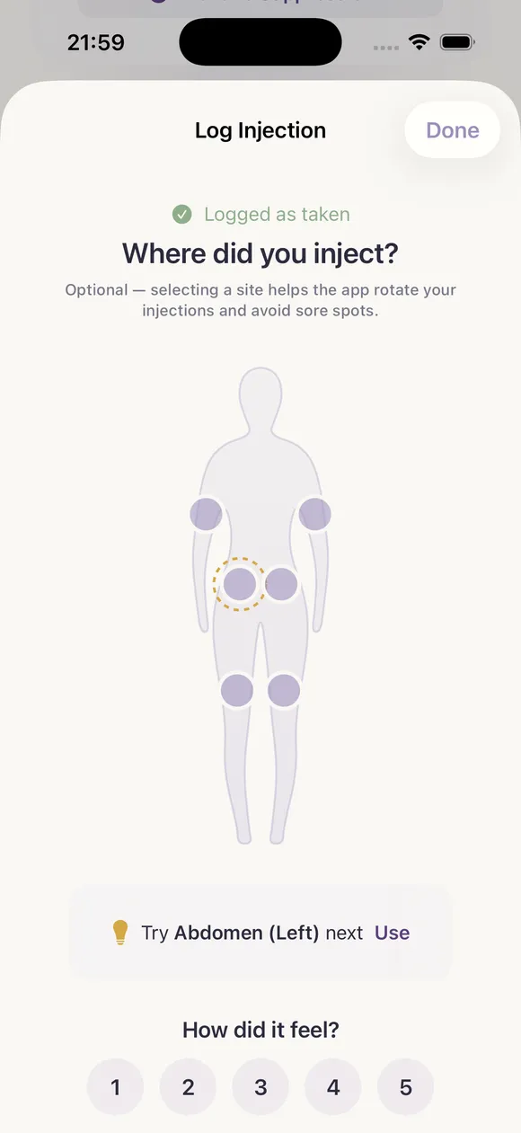 Marigold's injection body map suggesting the next site to use