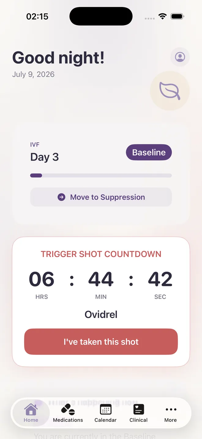 Marigold home screen showing the current cycle phase and a trigger shot countdown