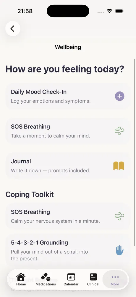 Marigold's wellbeing screen with mood check-in, breathing exercise, and journal
